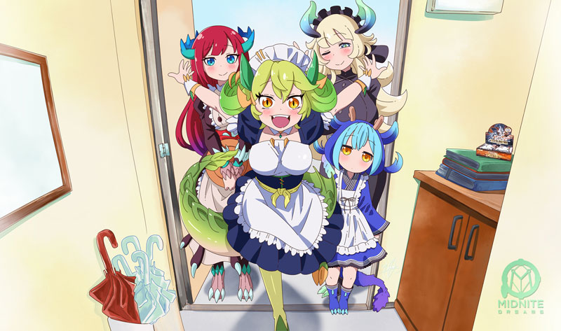 4girls, blonde_hair, blue_eyes, blue_hair, book, breasts, chamber_dragonmaid, cool-kyou_shinja_(style), cupboard, derivative_work, door, dragon_girl, dragon_horns, dragon_tail, duel_monster, green_eyes, green_hair, hair_flaps, height_difference, horns, japanese_clothes, kitchen_dragonmaid, kobayashi-san_chi_no_maidragon, large_breasts, laundry_dragonmaid, long_hair, looking_at_viewer, maid, maid_headdress, medium_breasts, midnite_dreams, multiple_girls, open_door, orange_eyes, parlor_dragonmaid, parody, red_hair, style_parody, tail, umbrella, very_long_hair, wa_maid, watermark, yu-gi-oh!