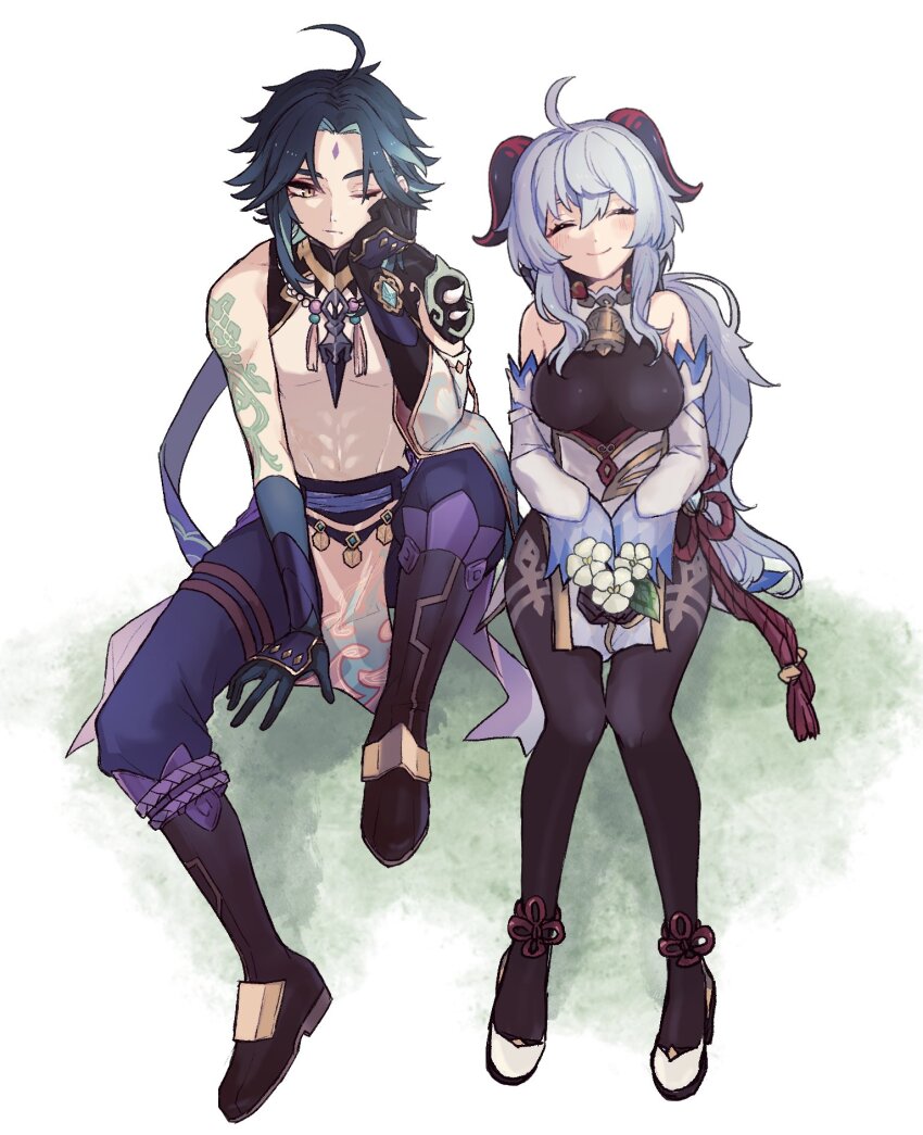 1boy, 1girl, arm_tattoo, bell, blue_hair, bodystocking, breasts, closed_eyes