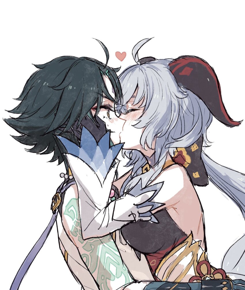1boy, 1girl, arm_tattoo, bare_back, blue_hair, blush, bodystocking, breasts, closed_eyes, commentary, detached_sleeves, ganyu_(genshin_impact), genshin_impact, green_hair, hand_on_own_face, heart, hetero, highres, kiss, long_hair, medium_breasts, mozu_(teluto), simple_background, sketch, untranslatable_commentary, tattoo, upper_body, white_background, xiao_(genshin_impact), yellow_eyes