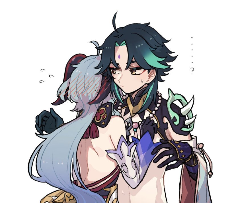 ..., 1boy, 1girl, ?, bare_back, black_gloves, blue_hair, blush