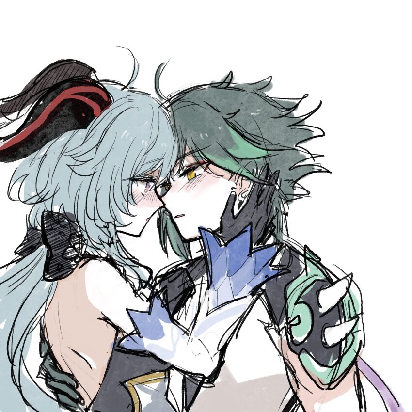 1boy, 1girl, bare_back, black_gloves, blue_hair, blush, detached_sleeves, ganyu_(genshin_impact), genshin_impact, gloves, green_hair, hand_on_another's_back, hand_on_another's_face, hetero, highres, horns, long_hair, mozu_(teluto), open_mouth, purple_eyes, simple_background, sketch, upper_body, xiao_(genshin_impact), yellow_eyes