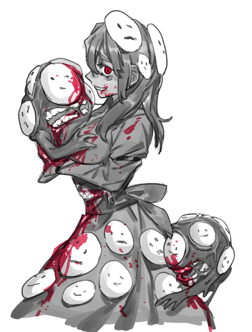 1girl, absurdres, blood, blood_on_clothes, blood_on_face, breasts, commentary, creature_and_personification