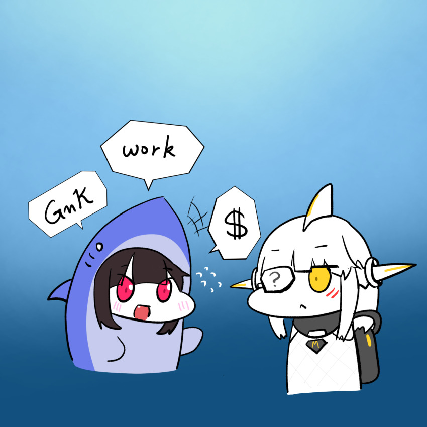 +++, 2girls, :d, ;<, ?, alina_(girls'_frontline), alina_(mosasaur_rider)_(girls'_frontline), animal_costume