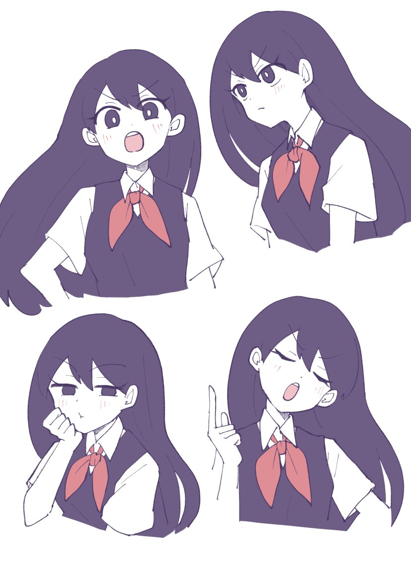 1girl, doroidsan, index_finger_raised, mari_(omori), multiple_views, omori, pout, purple_hair