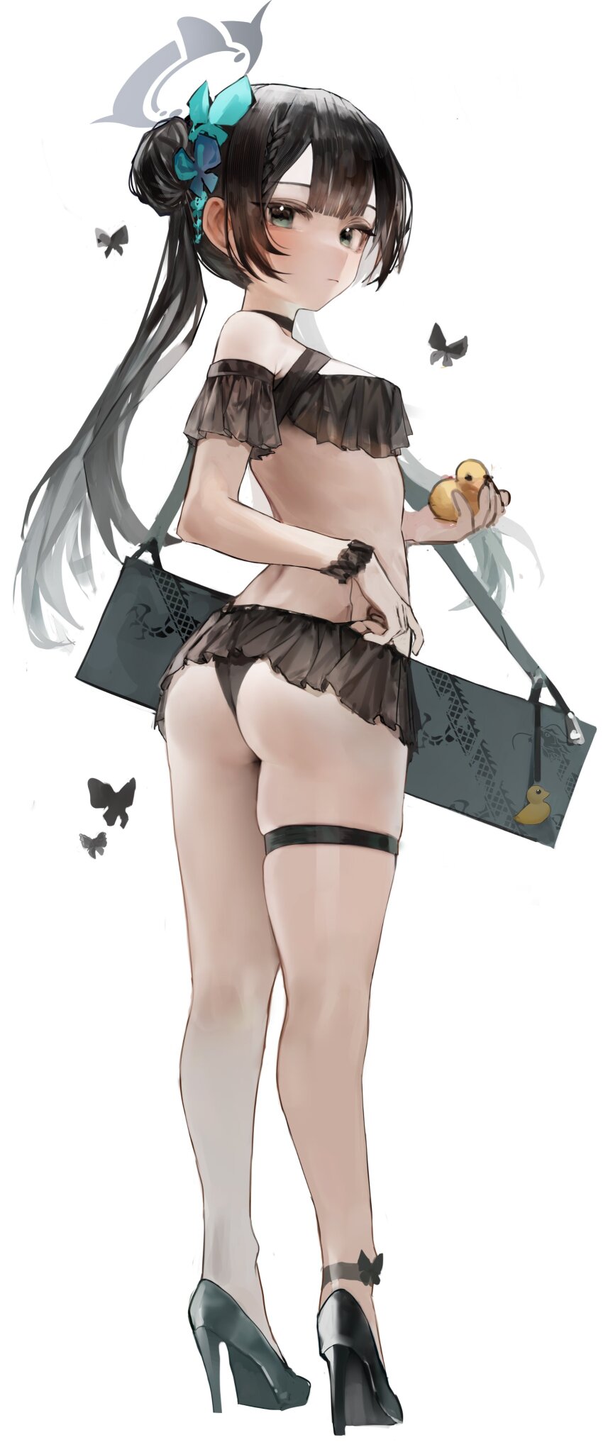 1girl, absurdres, alternate_costume, ass, bare_legs, bikini, black_bikini, black_butterfly