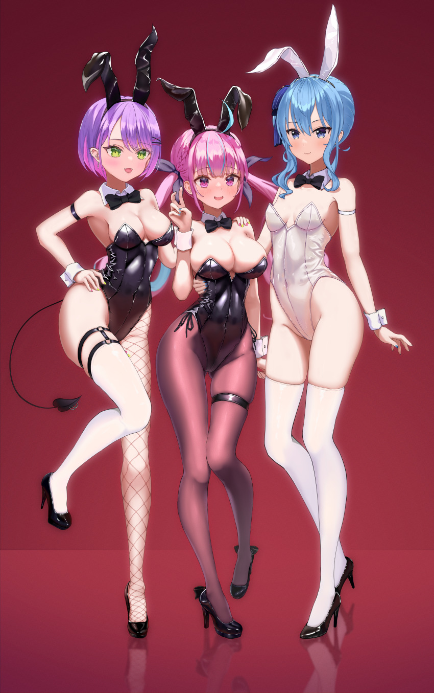 3girls, :d, absurdres, animal_ears, black_footwear, black_leotard, blue_eyes, blue_hair