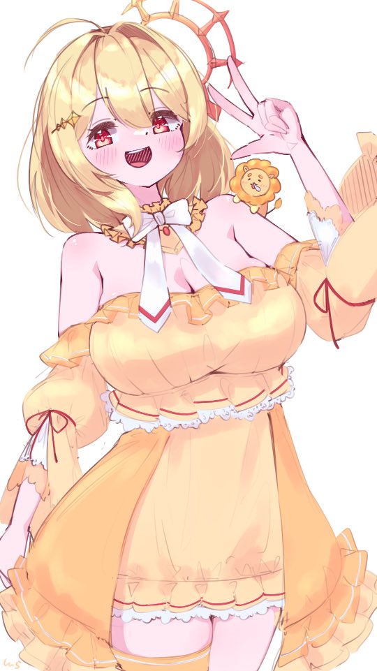 1girl, :d, ahoge, blonde_hair, blush, bow, bowtie, breasts