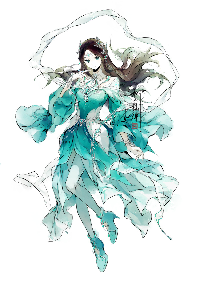 1girl, arm_up, beads, blue_dress, blue_eyes, blue_footwear, bracelet, closed_mouth