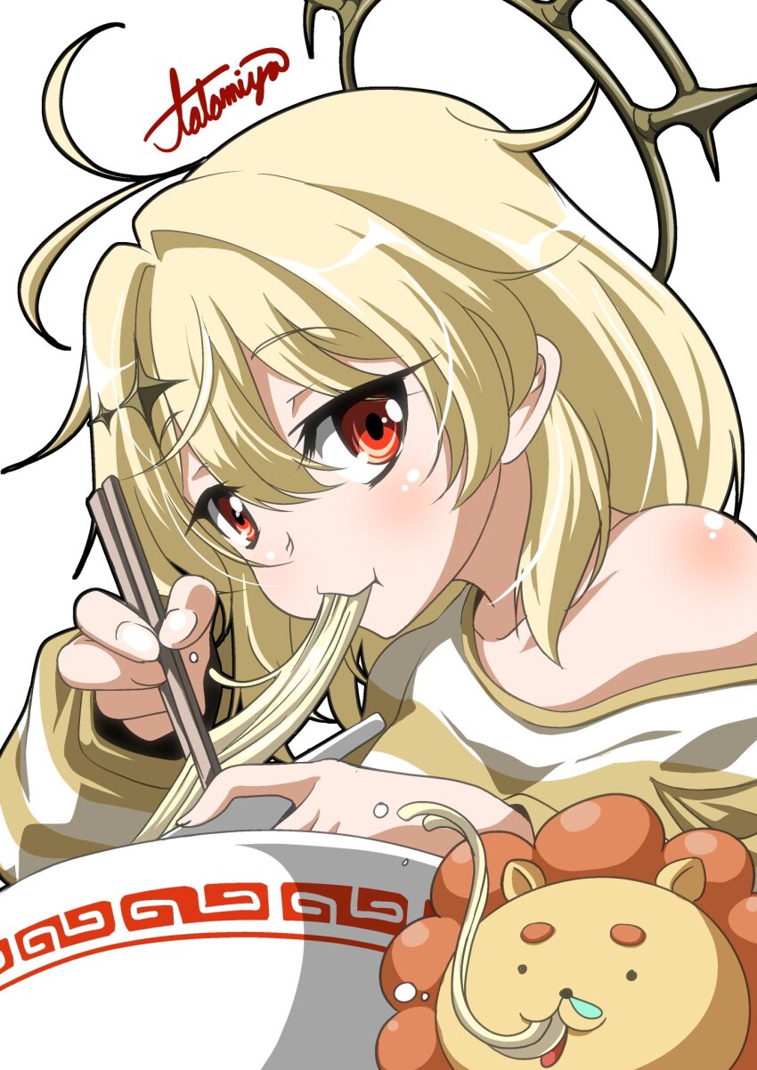 1girl, :t, alternate_costume, antenna_hair, blonde_hair, blush, chopsticks, commentary_request