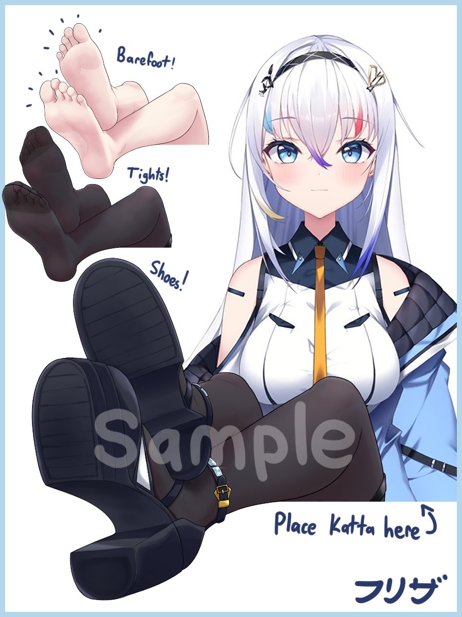 1girl, barefoot, black_footwear, black_hairband, black_pantyhose, blue_border, blue_hair, blue_jacket, blush, border, breasts, closed_mouth, collared_shirt, commentary, efreezerarts, english_commentary, english_text, feet, feet_up, foot_focus, gradient_hair, grey_hair, hair_ornament, hairband, haruyuki_(yukichasoba), high_heels, highres, chromashift, jacket, kattarina_qutie, large_breasts, legs, light_purple_hair, long_hair, multicolored_hair, multiple_views, necktie, no_shoes, off_shoulder, open_clothes, open_jacket, pantyhose, red_hair, sample_watermark, shirt, shoe_soles, sidelocks, signature, simple_background, sleeveless, soles, strappy_heels, streaked_hair, toes, virtual_youtuber, watermark, white_background, yellow_necktie