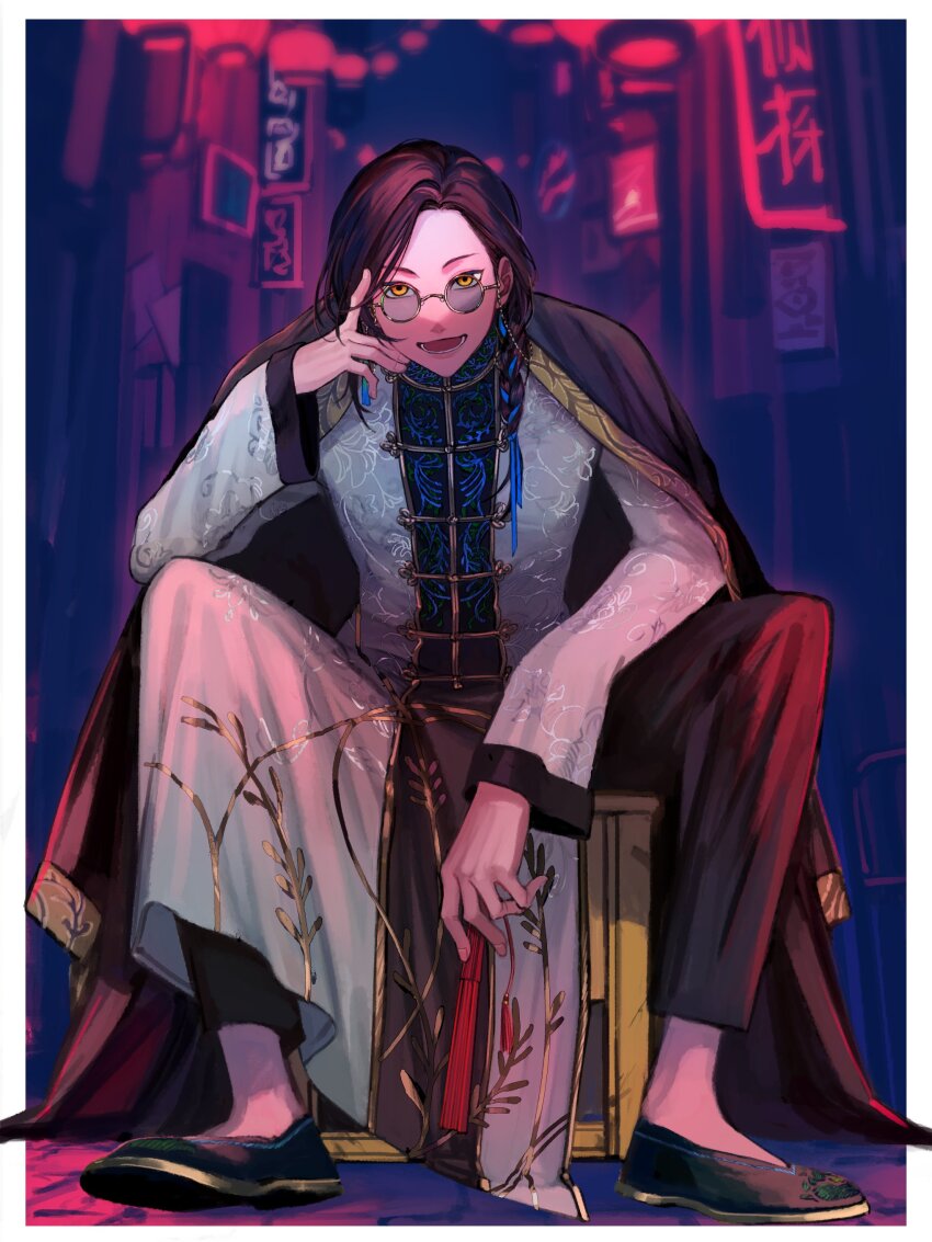 1boy, :d, absurdres, black_coat, black_hair, black_pants, blue_ribbon, border, braid, building, changpao, chinese_clothes, coat, coat_on_shoulders, embroidery, eyewear_strap, flats, folded_fan, folding_fan, full_body, glasses, gold_trim, hair_over_shoulder, hair_ribbon, hand_fan, hand_on_own_face, highres, holding, holding_fan, lantern, long_hair, long_sleeves, looking_at_viewer, lower_teeth_only, male_focus, nijisanji, official_alternate_costume, open_mouth, outside_border, pants, ribbon, ribbon_braid, robe, round_eyewear, shellin_burgundy, shellin_burgundy_(3rd_costume), sign, single_braid, sitting, smile, solo, spread_legs, stool, straight-on, swept_bangs, teeth, tsukuno_hibachi, virtual_youtuber, white_border, white_robe, yellow_eyes