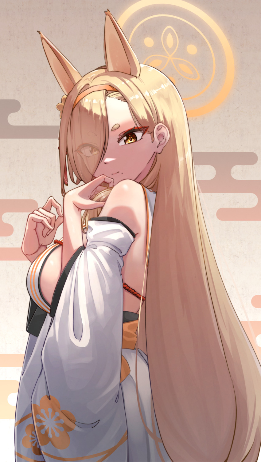 1girl, absurdres, animal_ears, bare_shoulders, blonde_hair, blue_archive, breasts, closed_mouth
