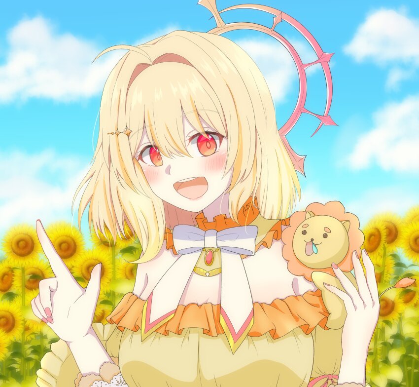 1girl, absurdres, ahoge, blonde_hair, blush, bow, bowtie, breasts