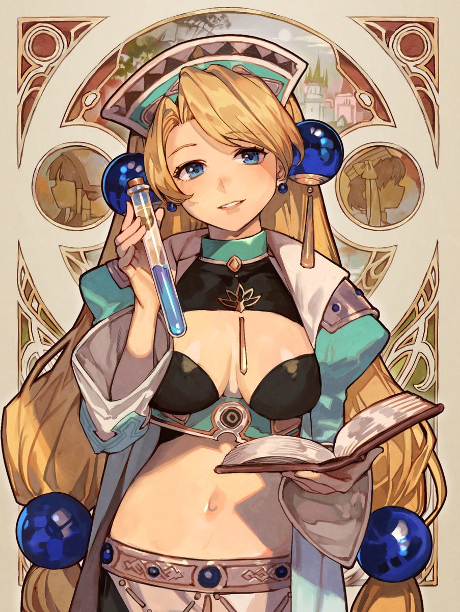 1girl, atelier_(series), atelier_marie, black_bra, blonde_hair, blue_coat, blue_eyes, blue_headwear, book, bra, breasts, cleavage, coat, commentary_request, earrings, elfir_traum, flask, hair_ornament, headdress, highres, holding, holding_book, holding_flask, hungry_clicker, jewelry, juliet_sleeves, large_breasts, lilie_(atelier), long_hair, long_sleeves, looking_at_viewer, low-tied_long_hair, marlone, midriff, navel, official_art, open_book, open_clothes, open_mouth, parted_bangs, promotional_art, puffy_sleeves, smile, solo, sphere_hair_ornament, underwear, very_long_hair