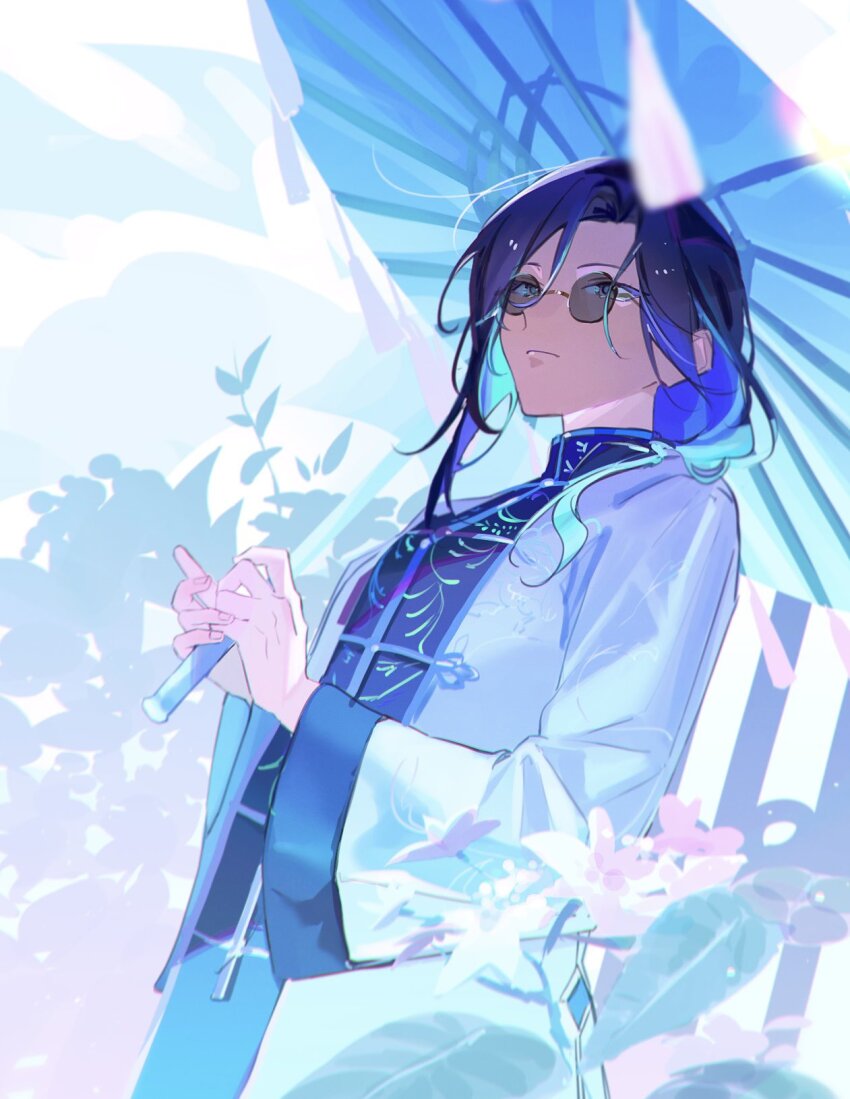 1boy, atten, black_hair, blue_hair, blurry, changpao, chinese_clothes, closed_mouth