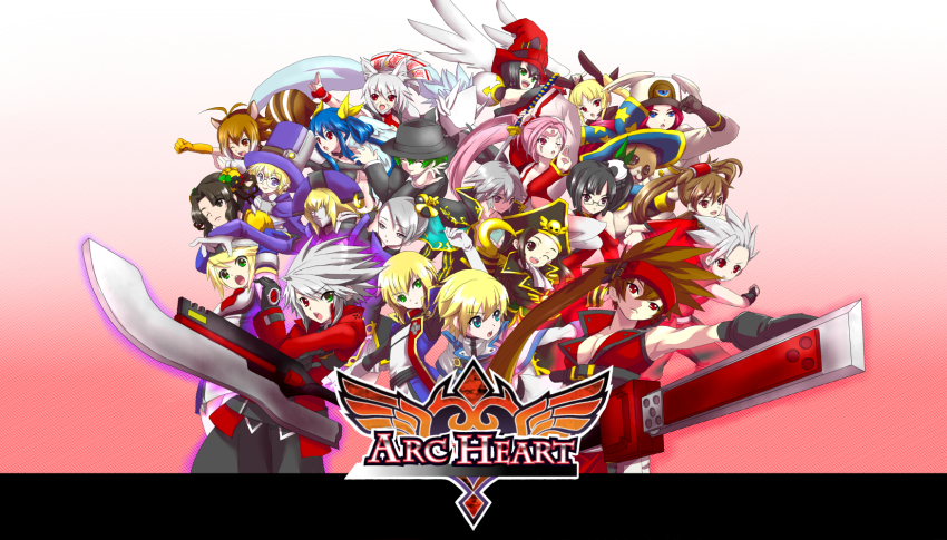 aq_interactive, arc_system_works, arcana_heart, ashley_loveless, atlus, baiken, battle_fantasia, blazblue, blazblue:_calamity_trigger, blazblue:_continuum_shift, breasts, carl_clover, chipp_zanuff, cleavage, coyori, crossover, dizzy_(guilty_gear), everyone, examu, freed_velez, gender_request, genderswap, gouma_reifuden_izuna, guilty_gear, hazama, highres, i-no, izuna_(gouma_reifuden_izuna), kisaragi_jin, kuradoberi_jam, ky_kiske, litchi_faye_ling, nirvana_(blazblue), noel_vermillion, odile_(battle_fantasia), parody, rachel_alucard, ragna_the_bloodedge, smile, sol_badgal, sol_badguy, tsubaki_yayoi, watson_livingston