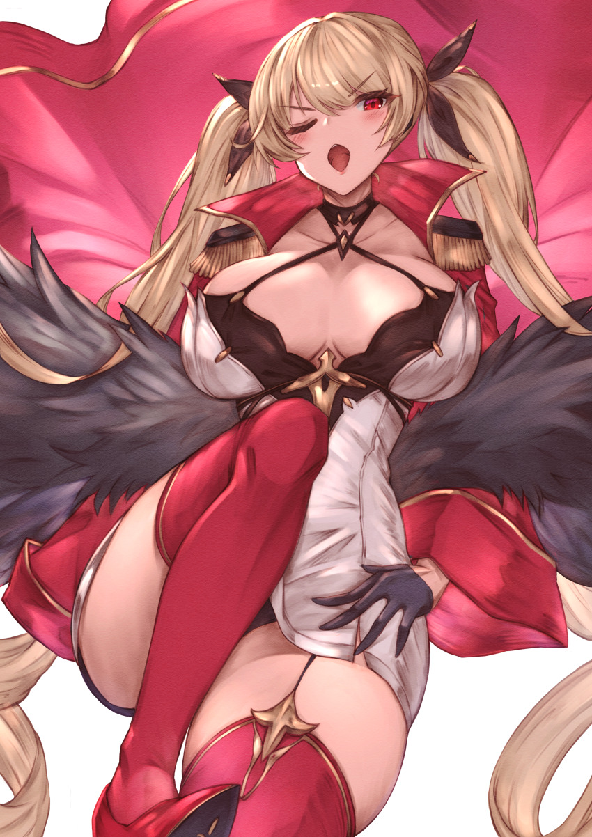 1girl, absurdres, azur_lane, blonde_hair, breasts, cleavage, coat, commission, dress, epaulettes, feather_boa, gloves, hair_ribbon, half_gloves, halterneck, highres, jacket, large_breasts, leg_up, long_hair, majinno, microdress, nelson_(azur_lane), nelson_(retrofit)_(azur_lane), one_eye_closed, red_coat, red_eyes, red_jacket, red_thighhighs, ribbon, skeb_commission, thighhighs, twintails, very_long_hair