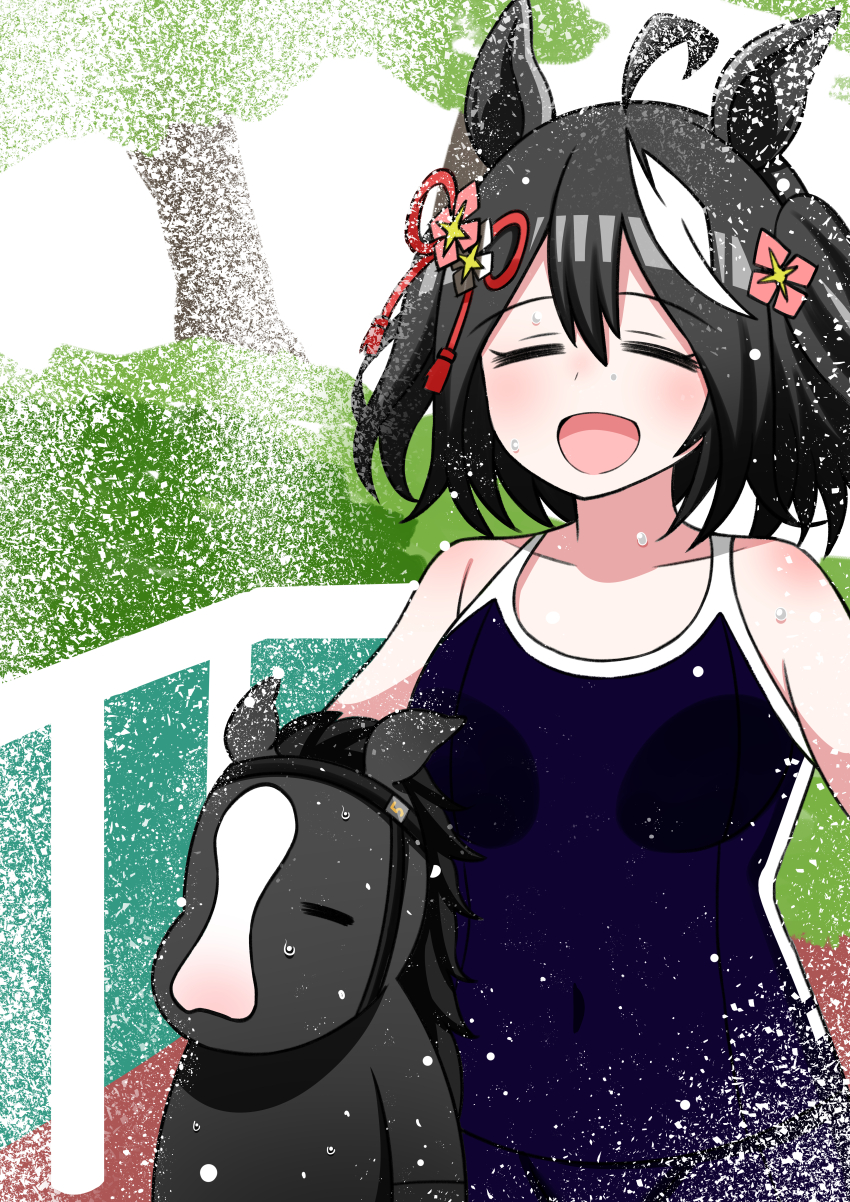 1girl, 1other, =_=, absurdres, ahoge, animal_ears, aramori_susumu, black_hair