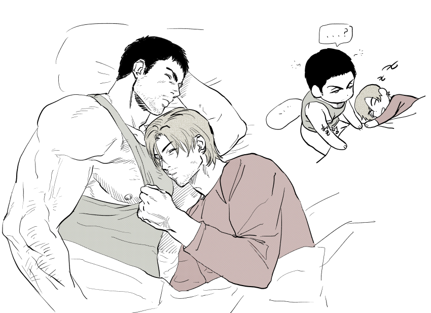 123456dyom, 2boys, absurdres, bara, bed, chris_redfield, closed_eyes, closed_mouth
