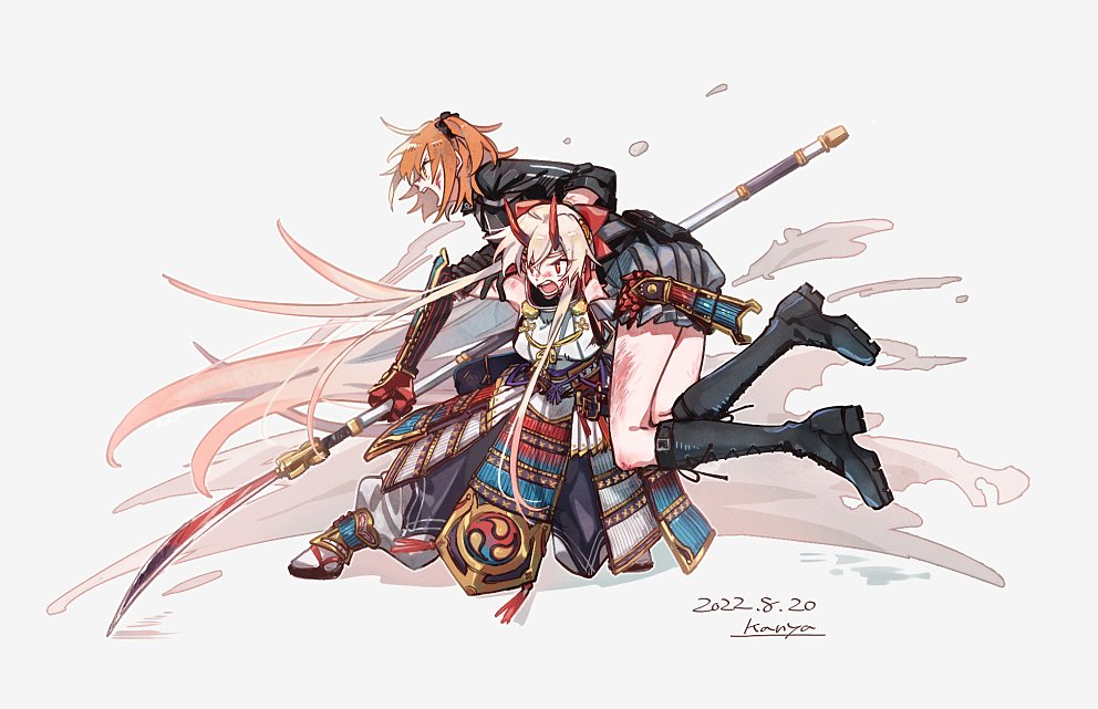 2girls, baggy_pants, boots, carrying, dated, fate/grand_order, fate_(series), fujimaru_ritsuka_(female), fujimaru_ritsuka_(female)_(polar_chaldea_uniform), gauntlets, grey_hair, holding, holding_polearm, holding_weapon, horns, kanya_(asa_yake01), multiple_girls, naginata, oni_horns, orange_hair, pants, pleated_skirt, polearm, red_eyes, scrape, shoulder_carry, side_ponytail, signature, skirt, tomoe_gozen_(fate), tomoe_gozen_(third_ascension)_(fate), weapon