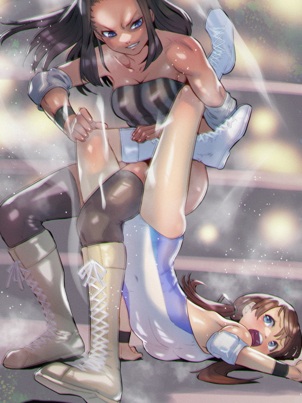 2girls, blue_eyes, boots, breasts, brown_hair, cleavage, commission, dark-skinned_female, dark_skin, female_focus, lace-up_boots, leotard, long_hair, medium_breasts, multiple_girls, original, pixiv_commission, scorpion_deathlock, small_breasts, soon_(c-u-soon), submission_hold, thighhighs, twintails, wrestling, wrestling_outfit, wrestling_ring