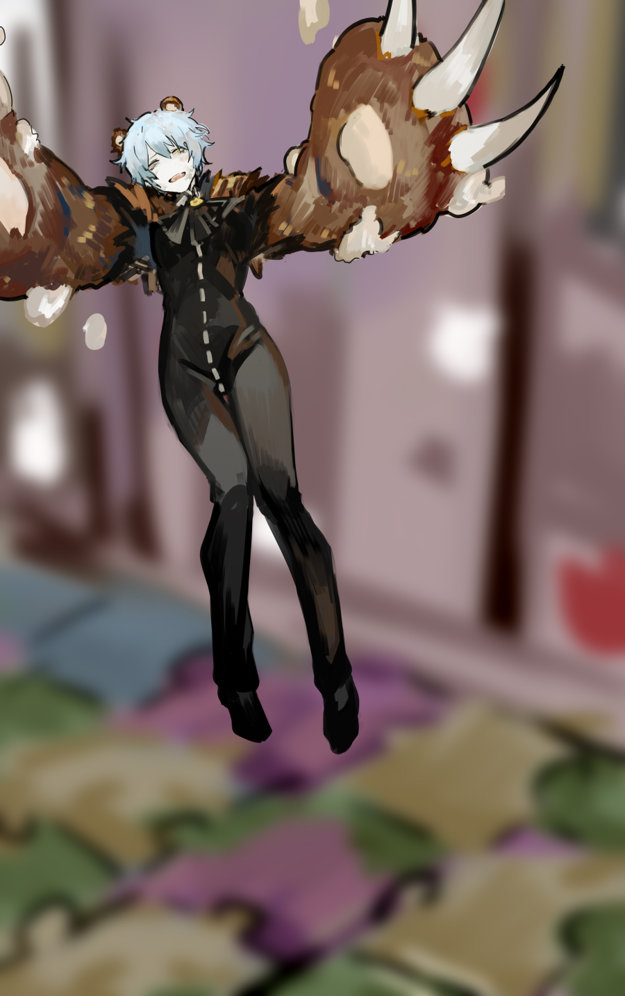 1girl, angela_(project_moon), animal_ears, animal_hands, ascot, bear_ears, black_ascot, black_bodysuit