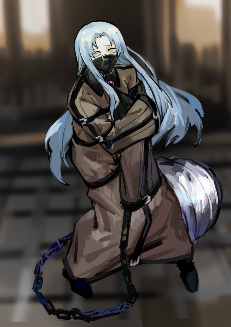 1girl, angela_(project_moon), ascot, black_ascot, black_shoes, blue_hair, brooch, brown_dress, covered_mouth, cuffs, dress, e.g.o_(project_moon), forsaken_murderer, gem, highres, jewelry, library_of_ruina, long_hair, long_sleeves, nishikujic, project_moon, purple_gem, regret_(e.g.o), shackles, shoes, solo, straitjacket, very_long_hair, yellow_eyes