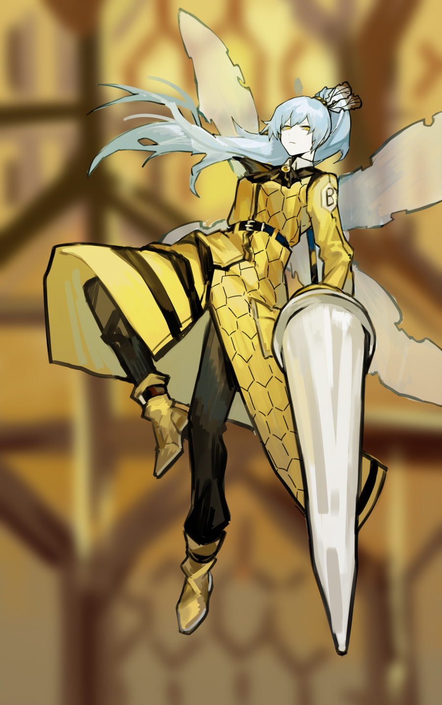 1girl, angela_(project_moon), ascot, belt, black_ascot, black_belt, black_pants, blue_hair, boots, coat, e.g.o_(project_moon), highres, honeycomb_(object), honeycomb_(pattern), hornet_(e.g.o), insect_wings, library_of_ruina, long_hair, long_sleeves, nishikujic, pants, project_moon, queen_bee_(project_moon), solo, very_long_hair, wings, yellow_boots, yellow_coat
