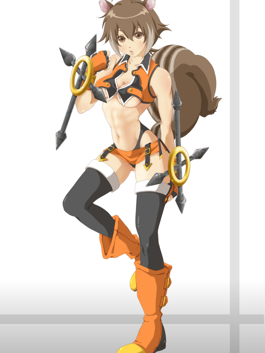 1girl, abs, ahoge, animal_ears, antenna_hair, arc_system_works, bad_id, bad_pixiv_id, bare_shoulders, blazblue, blazblue:_continuum_shift, boots, breasts, brown_eyes, brown_hair, cleavage, elbow_gloves, female_focus, fingerless_gloves, gloves, halterneck, highres, mako_(artist), makoto_(xtruth), makoto_nanaya, miniskirt, navel, orange_skirt, revealing_clothes, short_hair, skirt, solo, squirrel_ears, squirrel_tail, strapless, stretching, tail, thighhighs, tonfa, tube_top, underboob, weapon, xtruth, zettai_ryouiki