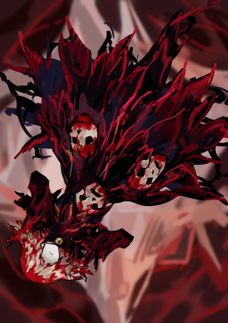 1girl, angela_(project_moon), ascot, black_ascot, black_gloves, blood, blood_on_clothes, blood_on_hands