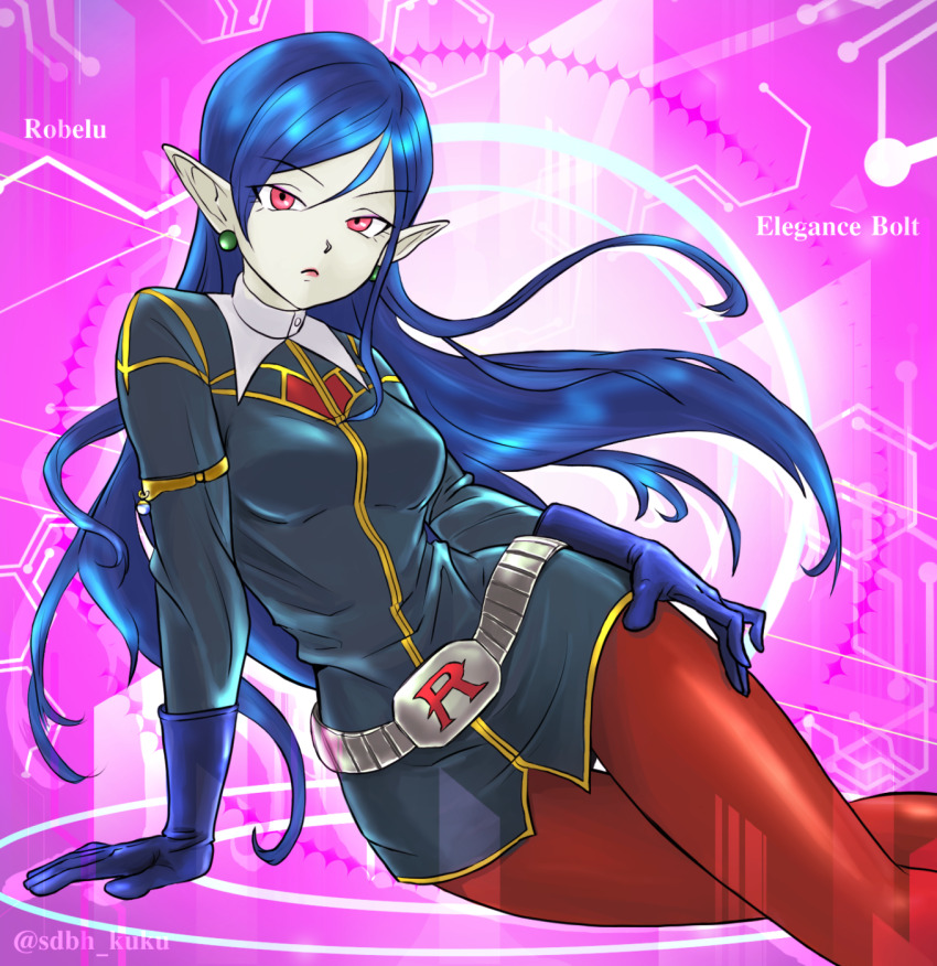 1girl, arm_support, black_jacket, blue_gloves, blue_hair, breasts, brown_pantyhose, buckle