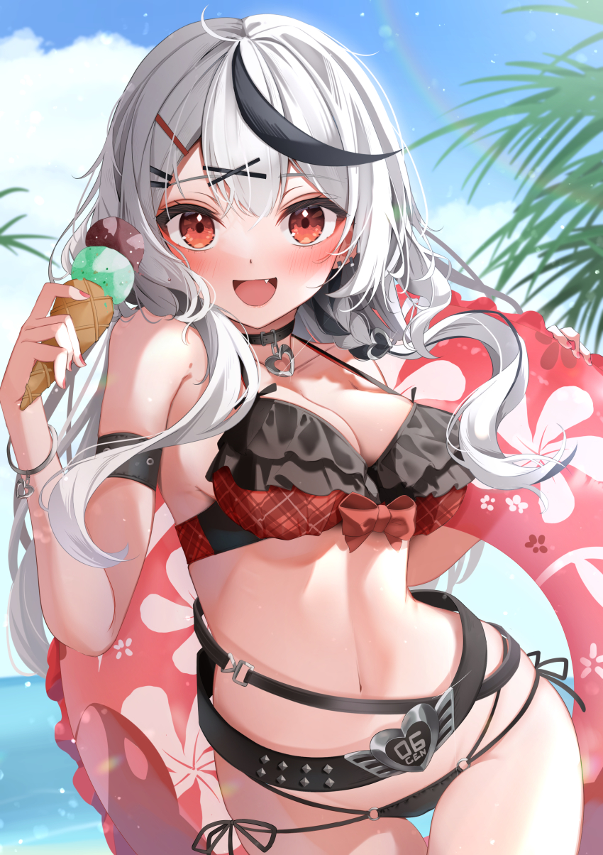 1girl, absurdres, bare_shoulders, black_collar, black_hair, blush, braid, breasts