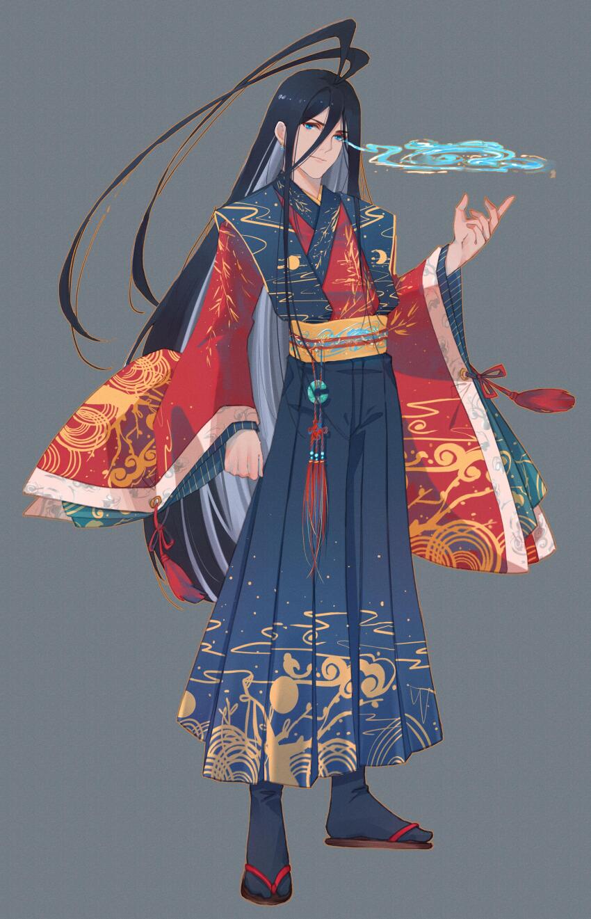 1boy, absurdres, aerokinesis, antenna_hair, black_hair, black_sandals, black_socks, blue_eyes