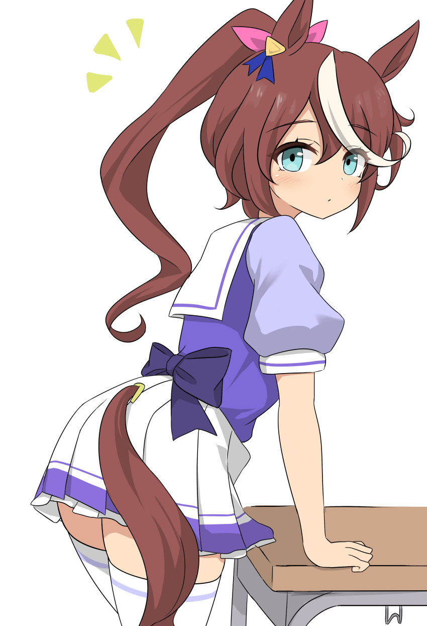 1girl, absurdres, animal_ears, blue_eyes, blush, brown_hair, closed_mouth, desk