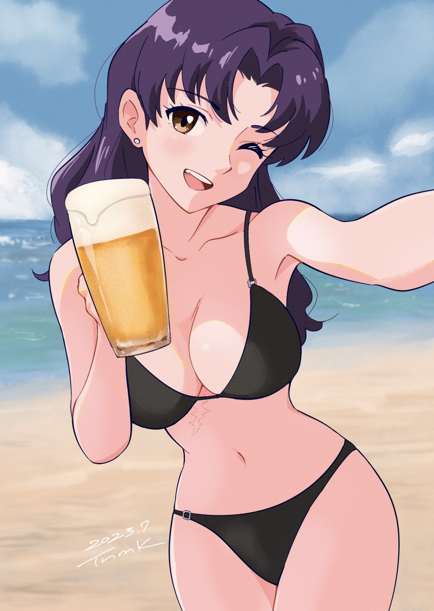 1girl, 2023, absurdres, alcohol, ass, beach, beer_can, bikini, black_bikini, blue_sky, breasts, brown_eyes, can, cleavage, cloud, cloudy_sky, cup, dated, drink_can, earrings, female_focus, from_above, highres, jewelry, katsuragi_misato, large_breasts, legs_together, long_hair, looking_at_viewer, mug, navel, neon_genesis_evangelion, ocean, one_eye_closed, outside_border, purple_hair, scar, scar_on_chest, selfie, shiny_skin, sky, smile, solo, strapless, strapless_bikini, swimsuit, tsunemoku, wading, water, wide_hips, wink