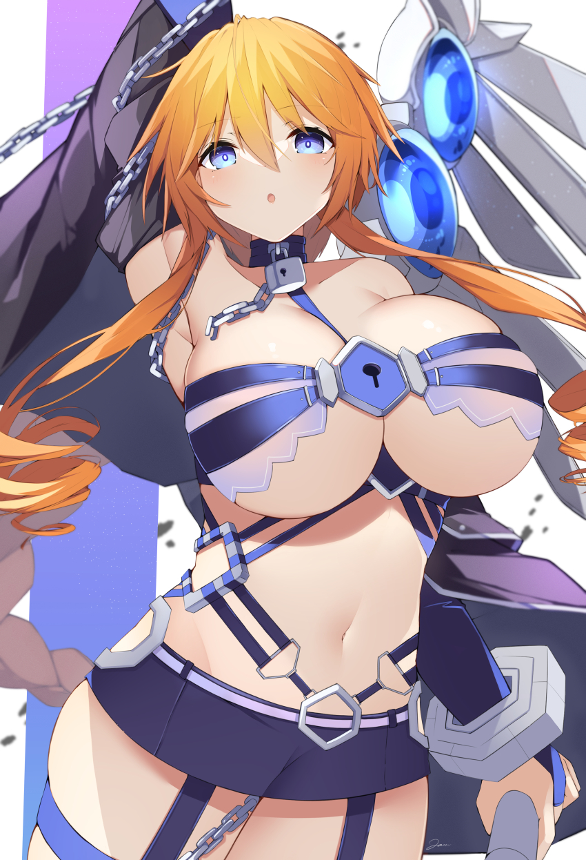 1girl, absurdres, alternate_breast_size_(larger), arm_up, armpits, bare_shoulders, bdsm, between_breasts, between_legs, blue_capelet, blue_eyes, blue_gem, blue_skirt, blush, braid, braided_ponytail, breasts, capelet, chain, cleavage, clothing_cutout, commentary_request, cowboy_shot, crop_top, date_a_live, detached_sleeves, drill_hair, garter_straps, gem, groin, hair_between_eyes, highres, huge_breasts, jam_(jamjam777), lock, long_hair, looking_at_viewer, mechanical_wings, microskirt, midriff, miniskirt, navel, open_mouth, orange_hair, ponytail, revealing_clothes, single_wing, skindentation, skirt, solo, stomach, strap, strap_between_breasts, thigh_strap, thighs, twin_drills, underboob, underboob_cutout, very_long_hair, wings, yamai_yuzuru