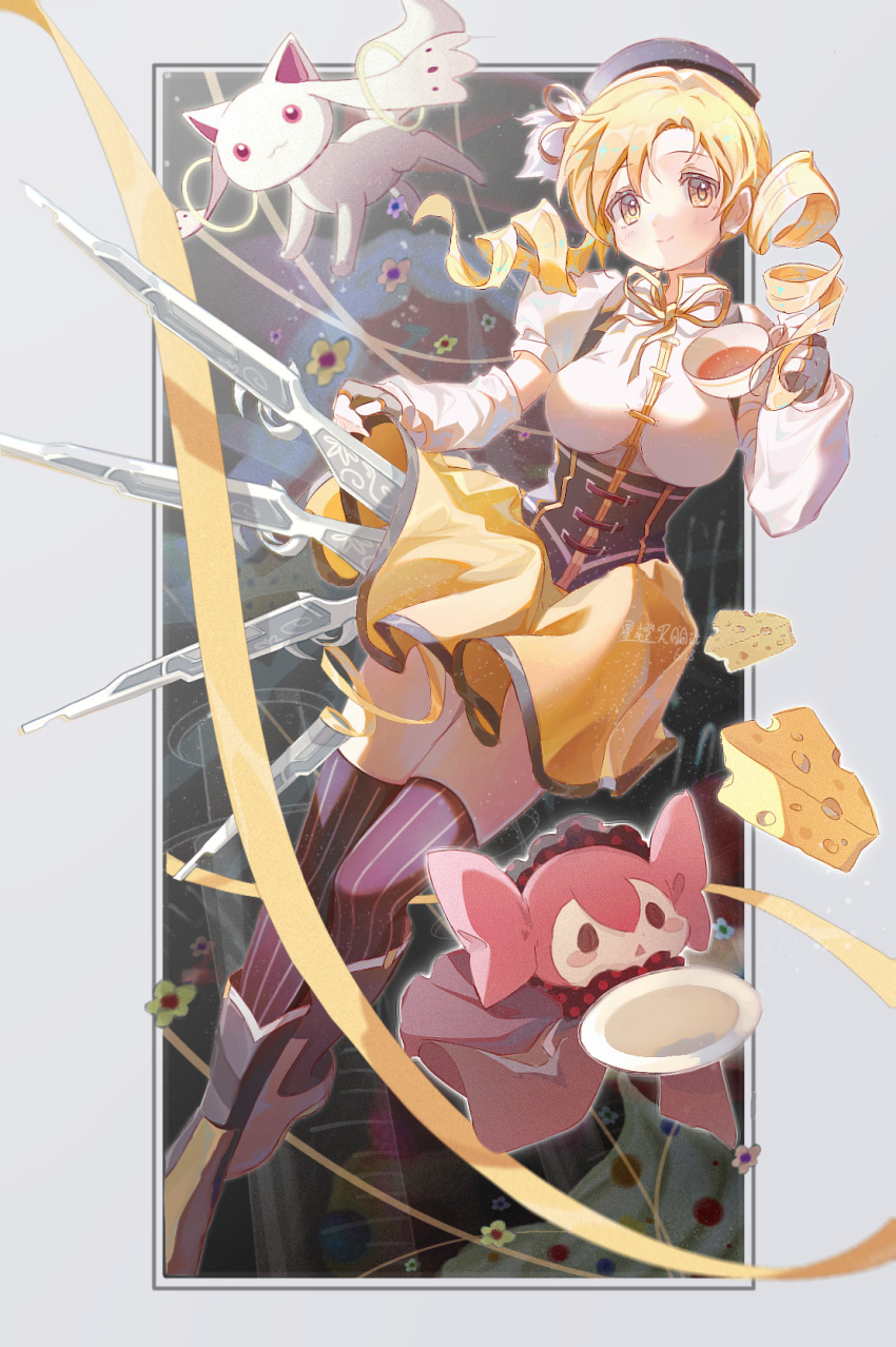 1girl, artist_name, beret, black_gloves, black_headwear, black_thighhighs, blonde_hair, border