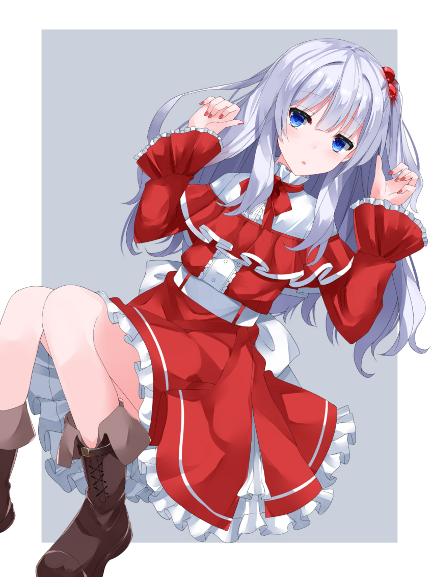1girl, bare_legs, belt, blue_eyes, blush, boots, capelet, center_frills