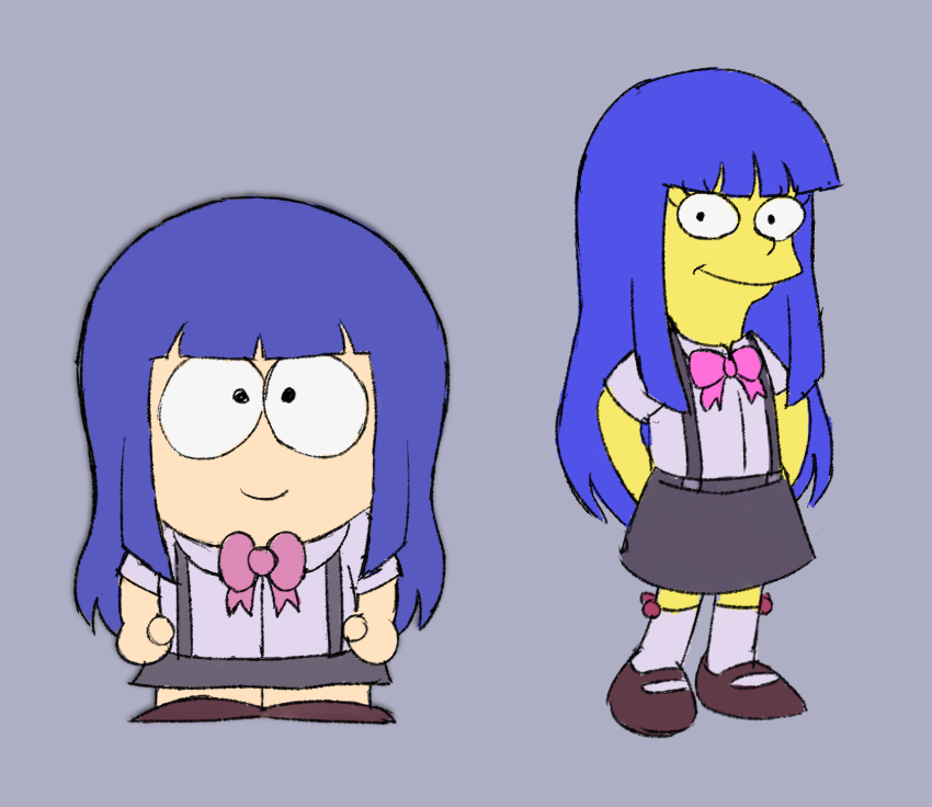 1girl, arms_behind_back, blue_hair, blunt_bangs, bow, bowtie, brown_footwear, cartoonized