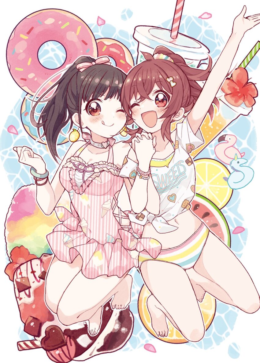 2girls, ahoge, bare_legs, bare_shoulders, barefoot, bikini, bikini_under_clothes, bracelet
