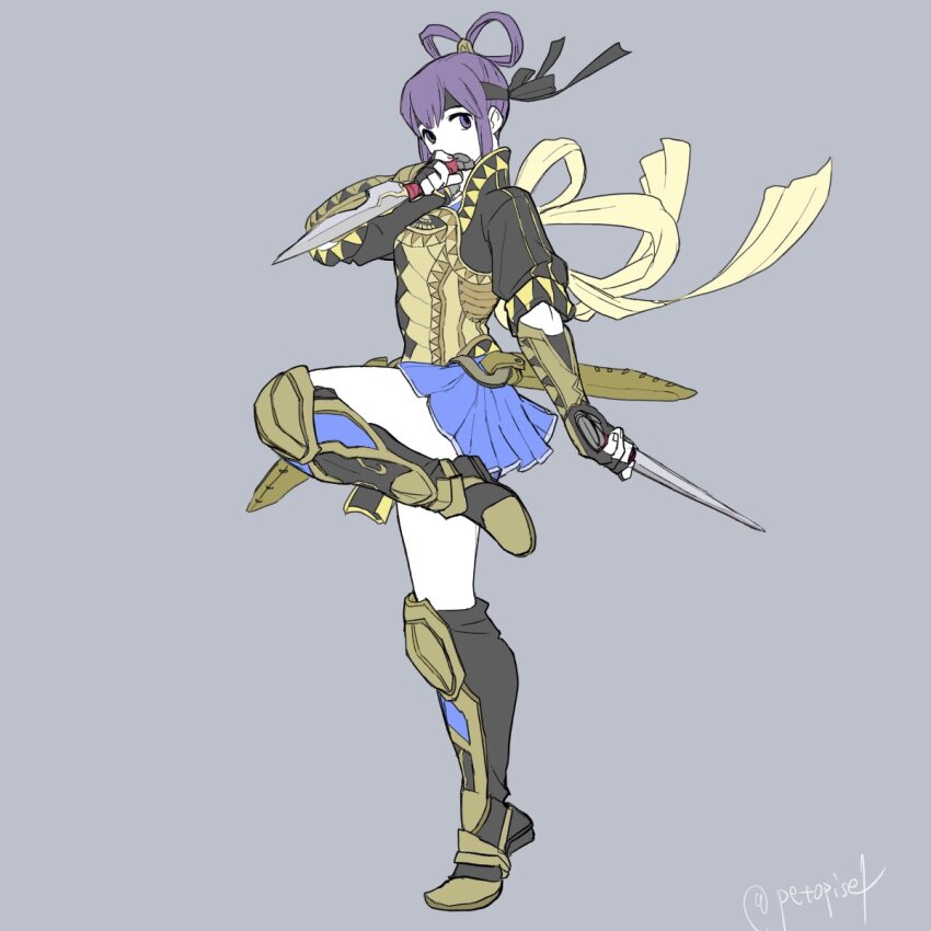 1girl, arm_guards, armor, dagger, dual_wielding, fingerless_gloves, full_body, gensou_suikoden