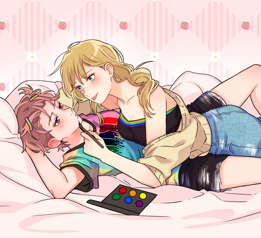 2girls, applying_another's_makeup, applying_makeup, black_shorts, black_tube_top, blonde_hair, blue_eyes, blush