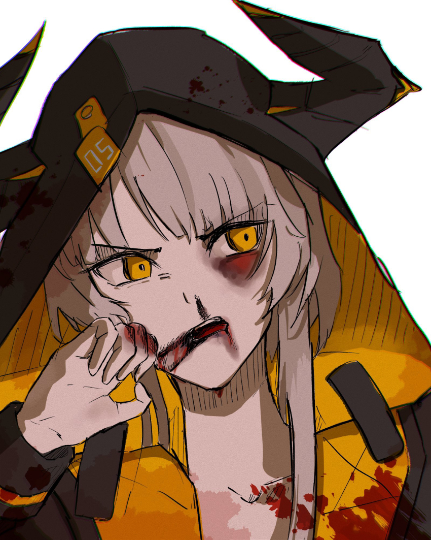 1girl, amehachi88, black_hoodie, blood, blood_on_clothes, blood_on_face, blood_on_hands, grey_hair