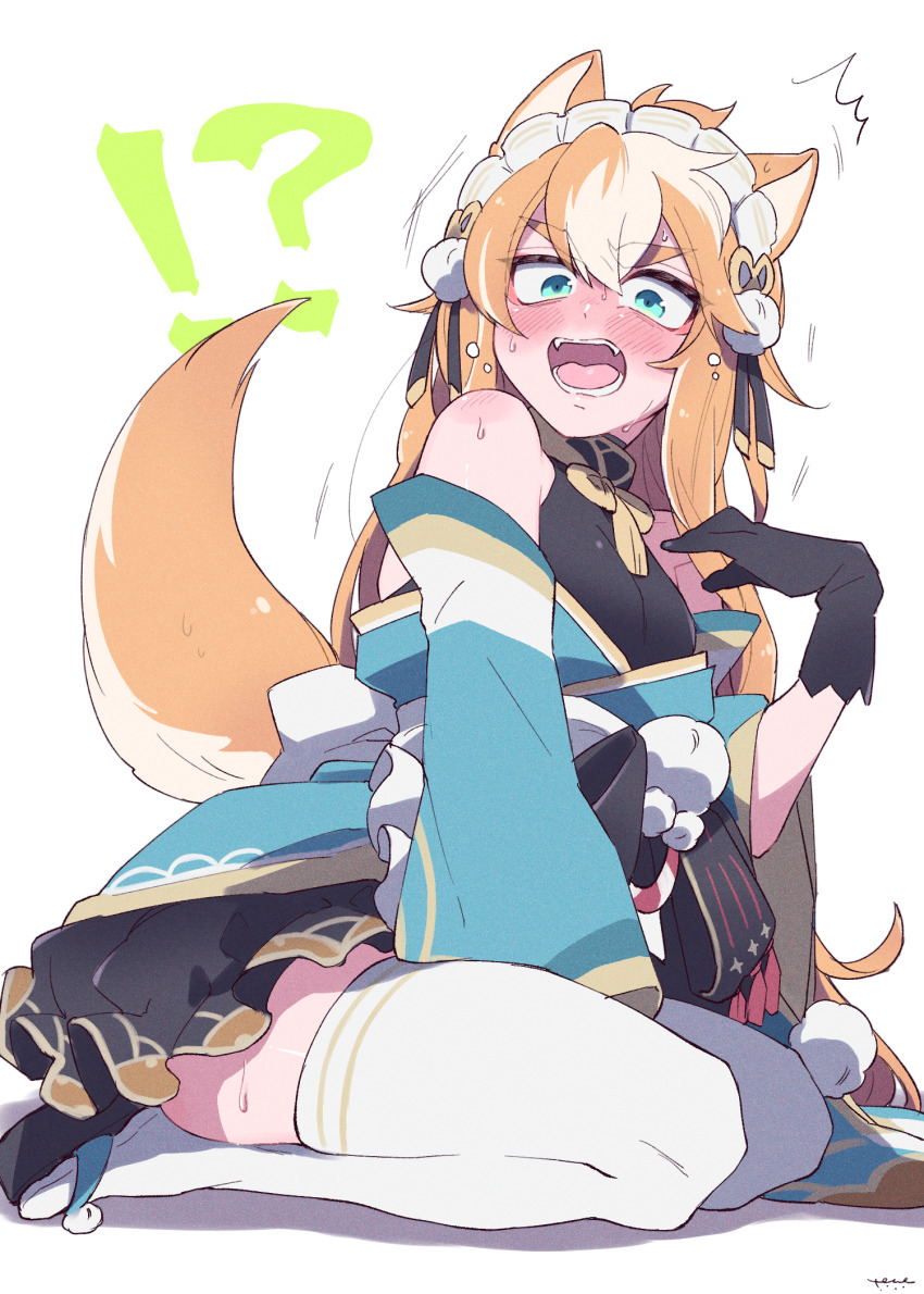 1boy, animal_ears, aqua_eyes, bare_shoulders, blush, cosplay, crossdressing, crossdressing_(mtf), detached_sleeves, dog_boy, dog_ears, dog_tail, genshin_impact, gorou_(genshin_impact), hair_between_eyes, hair_ornament, highres, hina_(genshin_impact), hina_(genshin_impact)_(cosplay), homare_(g_hmr88), japanese_clothes, kimono, long_hair, looking_at_viewer, maid_headdress, male_focus, multicolored_hair, open_mouth, orange_hair, simple_background, sitting, solo, sweat, tail, tassel, thighhighs, trap, very_long_hair, white_background, white_hair, white_thighhighs