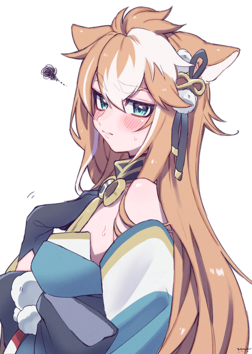 1boy, animal_ears, aqua_eyes, bare_shoulders, black_gloves, blush, brown_hair, closed_mouth