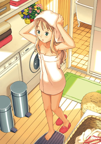 1girl, armpits, barefoot, basket, bathtub, blonde_hair, breasts, cleavage