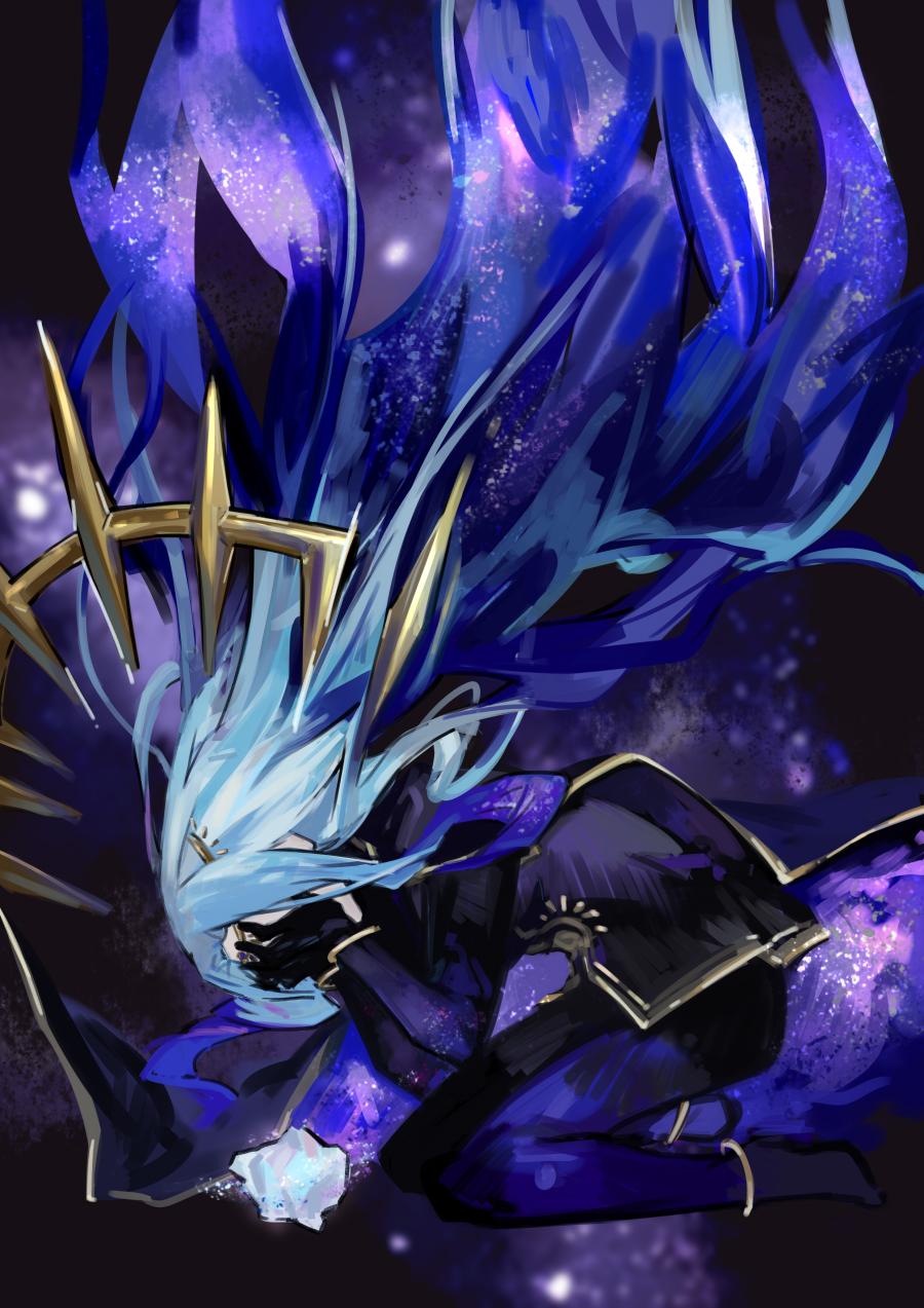 1girl, angela_(project_moon), anklet, black_gloves, blue_cape, blue_hair, blue_jacket, blue_pants