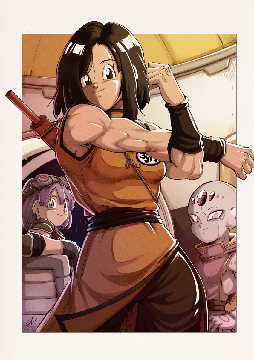 after_timeskip, black_eyes, black_hair, bra_(dragon_ball_multiverse), dragon_ball, happy, highres, pan_(dragon_ball), ruyi_jingu_bang, short_hair, smile, space, spacecraft, stretching, tagme, travel