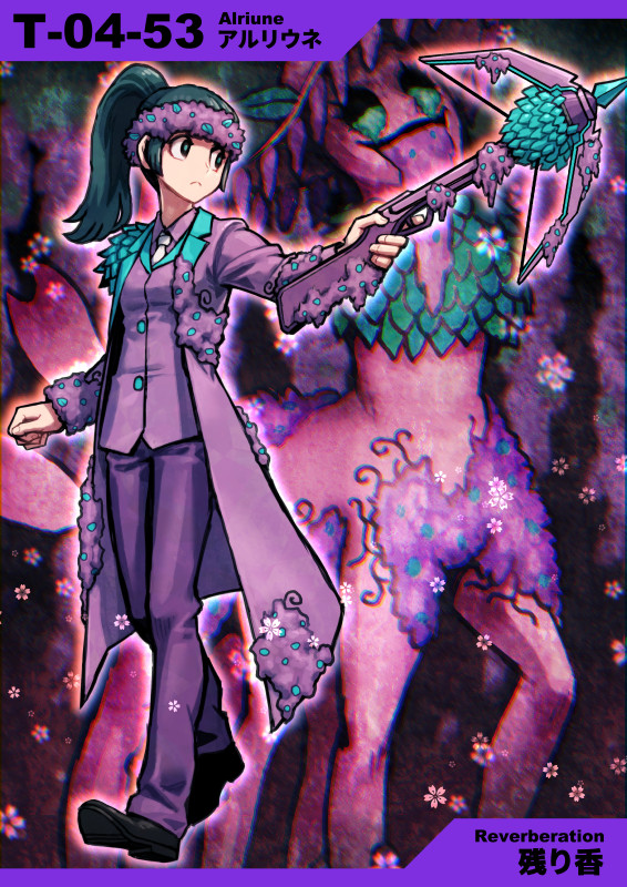 2girls, alriune, black_eyes, black_footwear, bow_(weapon), buttons, check_gender, clenched_hand