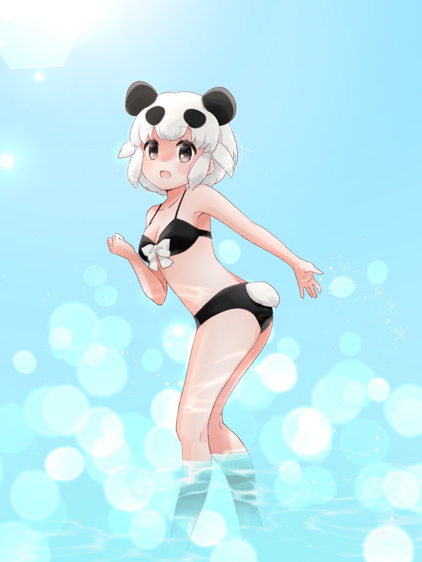 1girl, absurdres, alternate_costume, animal_ears, bare_legs, bare_shoulders, bikini, black_bikini, black_hair, blush, bow, bow_bikini, bow_swimsuit, extra_ears, giant_panda_(kemono_friends), grey_eyes, highres, kemono_friends, kuromitsu_(9633_kmfr), looking_at_viewer, midriff, multicolored_hair, open_mouth, panda_ears, panda_girl, panda_tail, short_hair, sleeveless, solo, swimsuit, two-tone_hair, wading, water, white_hair